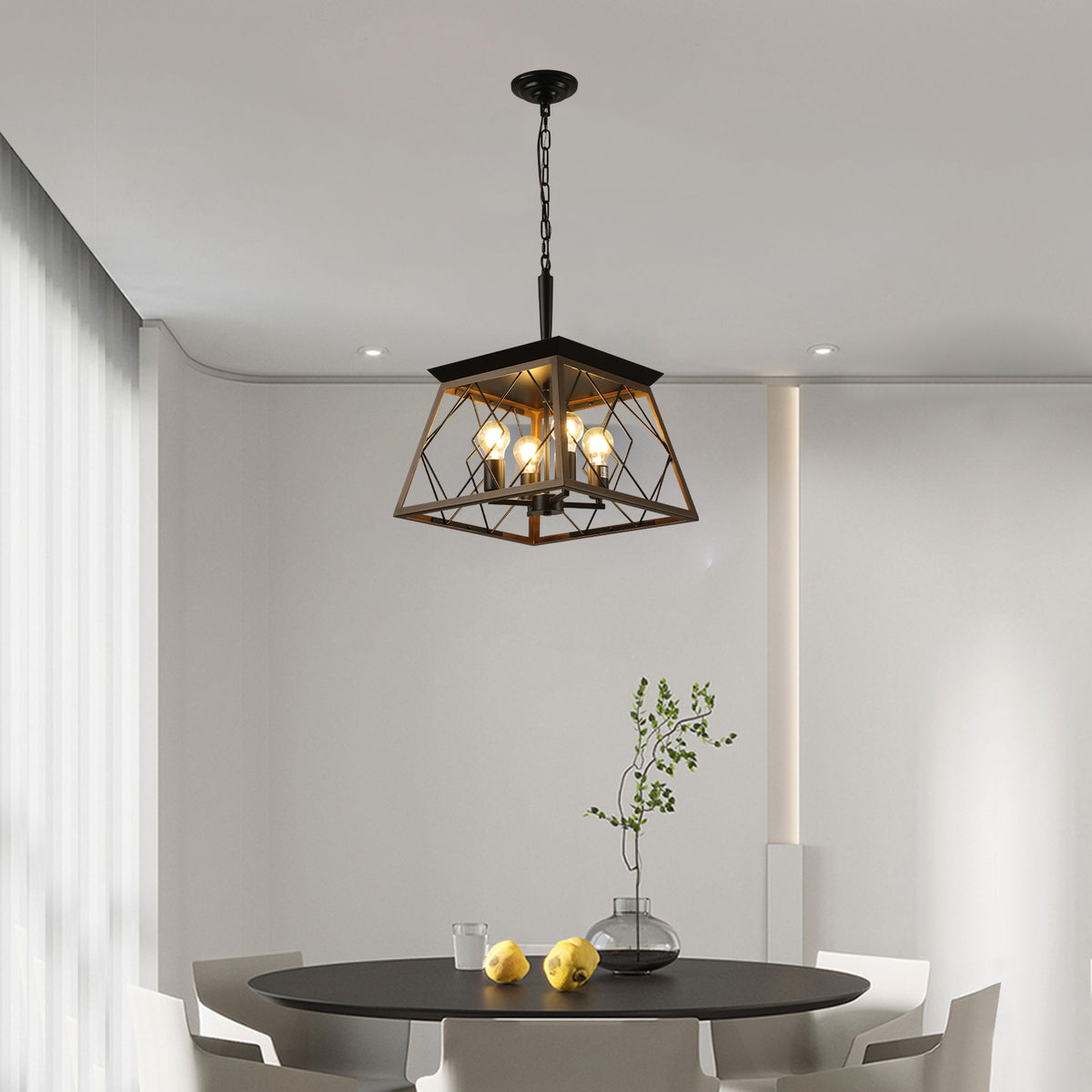 16" Walnut Industrial 4-Light Pendant Chandelier, Modern Metal Cage Design, Adjustable Hanging Light for Dining Room, Kitchen, Living Room (No Bulbs)