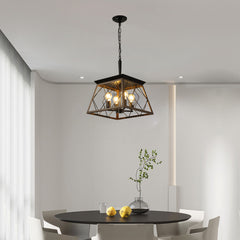 16" Walnut Industrial 4-Light Pendant Chandelier, Modern Metal Cage Design, Adjustable Hanging Light for Dining Room, Kitchen, Living Room (No Bulbs)