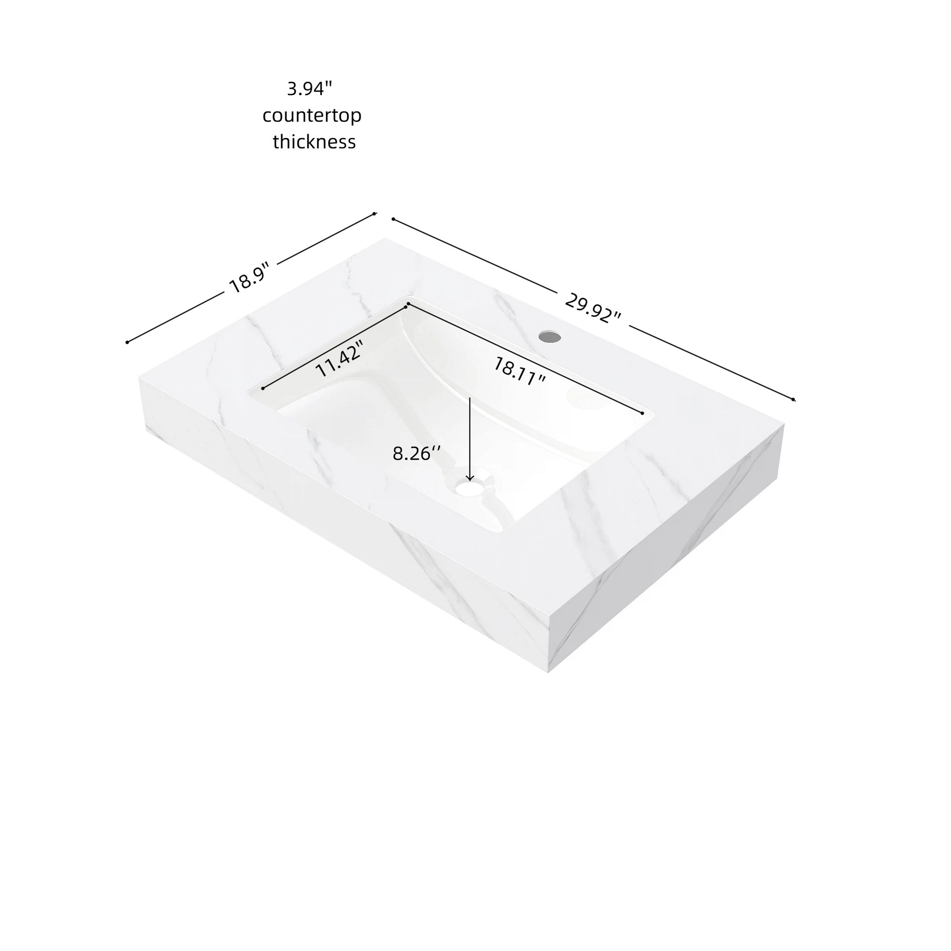 30" MURI Carrara White Sintered Stone Countertop and Undermount Ceramic Basin with One Standard Pre-drilled Faucet Hole, NO Cabinet, NO Faucet and Sink Cover