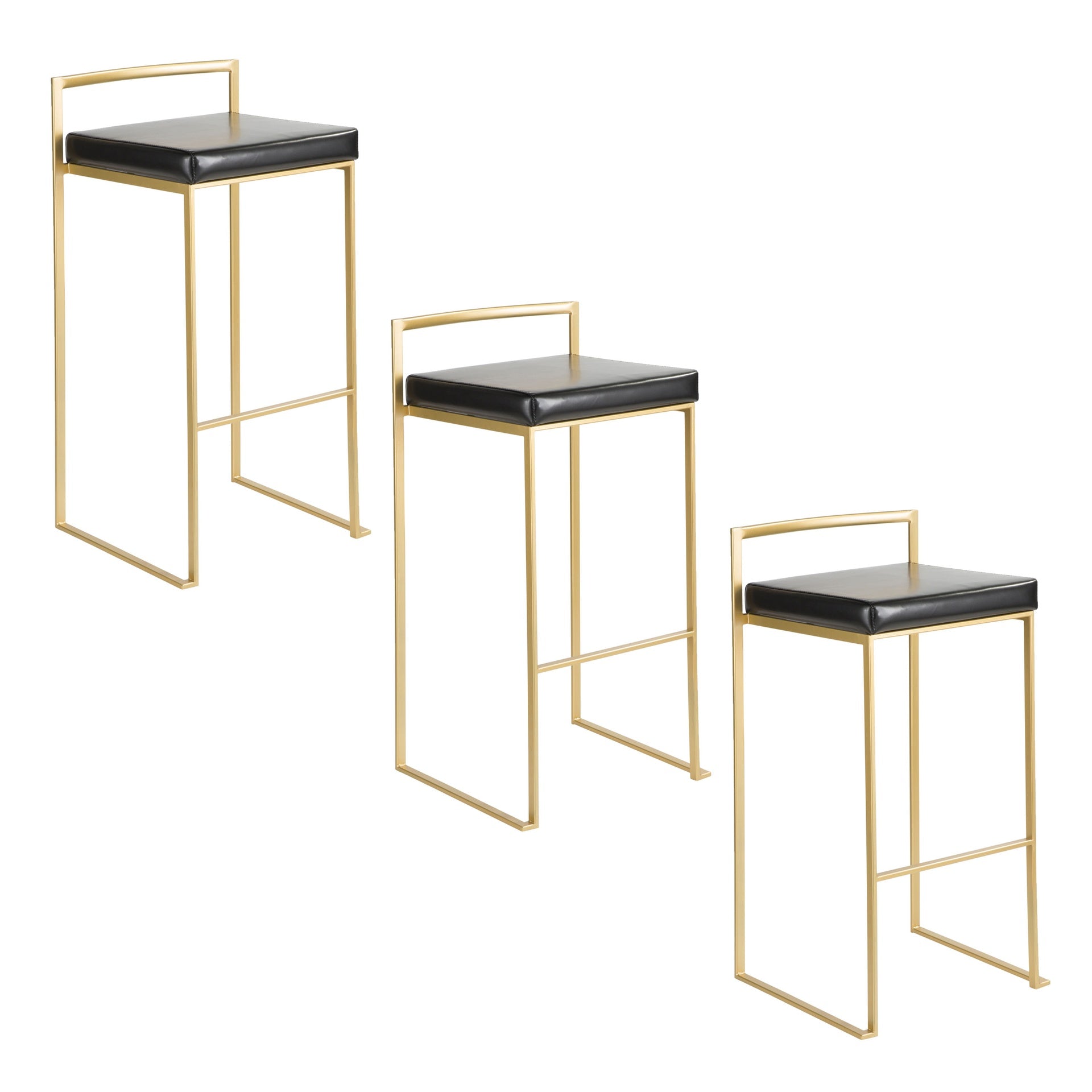 Fuji 30" Contemporary Barstool in Gold with Black Faux Leather by LumiSource - Set of 3