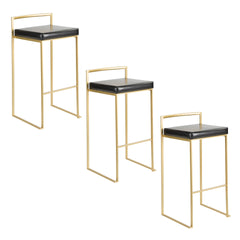Fuji 30" Contemporary Barstool in Gold with Black Faux Leather by LumiSource - Set of 3