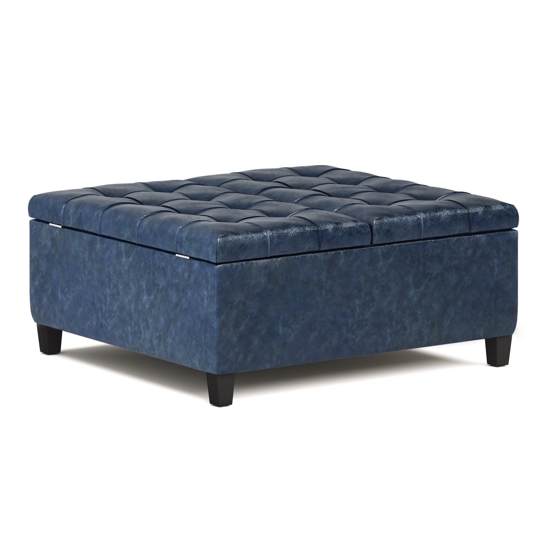 Harrison 36 inch Wide Coffee Table Storage Ottoman in Denim Blue Vegan Leather