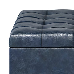 Harrison 36 inch Wide Coffee Table Storage Ottoman in Denim Blue Vegan Leather