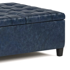 Harrison 36 inch Wide Coffee Table Storage Ottoman in Denim Blue Vegan Leather