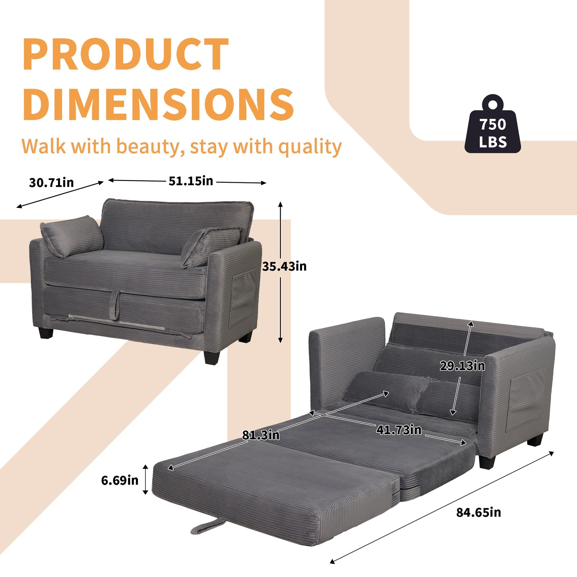 2-in-1 Convertible Corduroy Sofa Bed, 2-Seater Two-Form Switch Loveseat Sleeper Sofa with Side Storage, High-Rebound Sponge & Solid Wood Composite Frame, Easy Assembly for Home Living Room/Study.