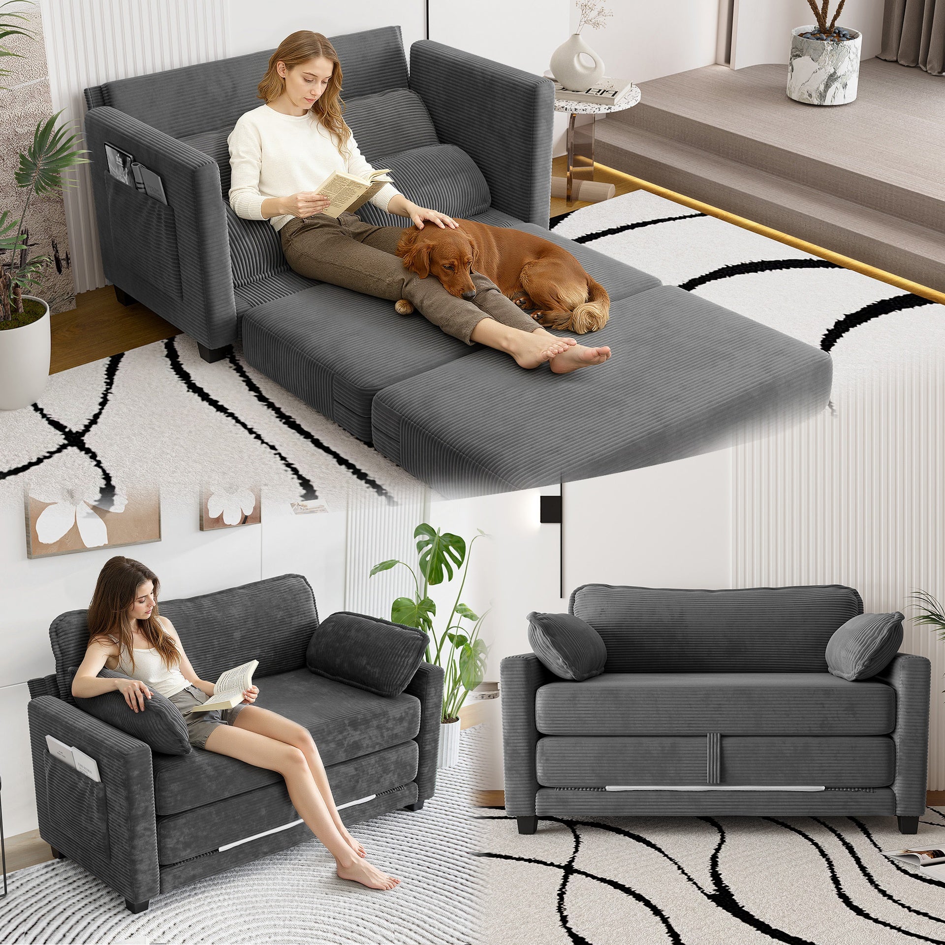 2-in-1 Convertible Corduroy Sofa Bed, 2-Seater Two-Form Switch Loveseat Sleeper Sofa with Side Storage, High-Rebound Sponge & Solid Wood Composite Frame, Easy Assembly for Home Living Room/Study.