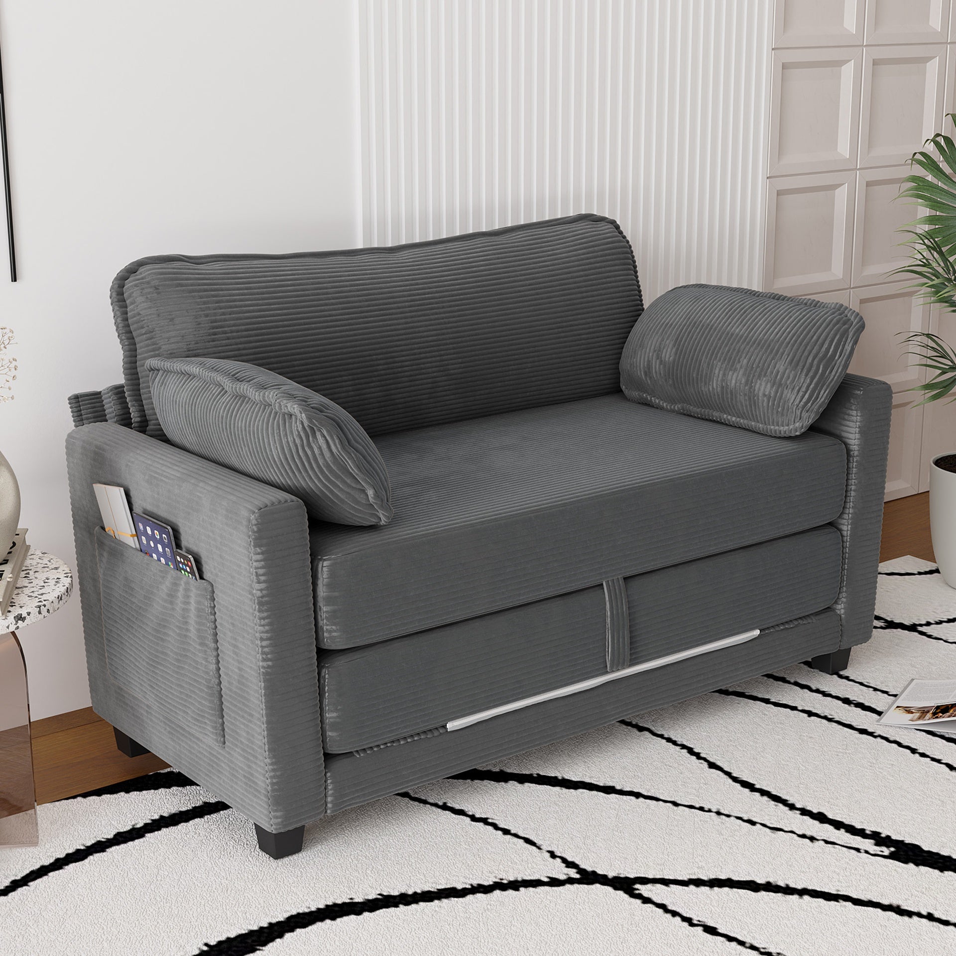2-in-1 Convertible Corduroy Sofa Bed, 2-Seater Two-Form Switch Loveseat Sleeper Sofa with Side Storage, High-Rebound Sponge & Solid Wood Composite Frame, Easy Assembly for Home Living Room/Study.