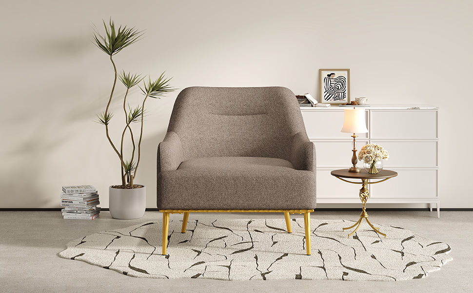Modern Accent Chair Upholstered Armchair Single Sofa Chair with Curved Backrest and Gold Metal Legs for Living Room, Bedroom or Reading Corner, Brown