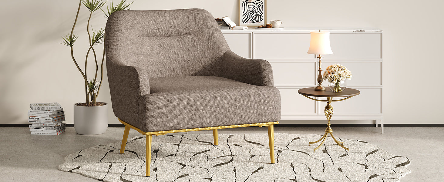 Modern Accent Chair Upholstered Armchair Single Sofa Chair with Curved Backrest and Gold Metal Legs for Living Room, Bedroom or Reading Corner, Brown