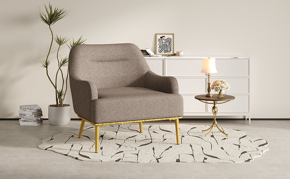 Modern Accent Chair Upholstered Armchair Single Sofa Chair with Curved Backrest and Gold Metal Legs for Living Room, Bedroom or Reading Corner, Brown