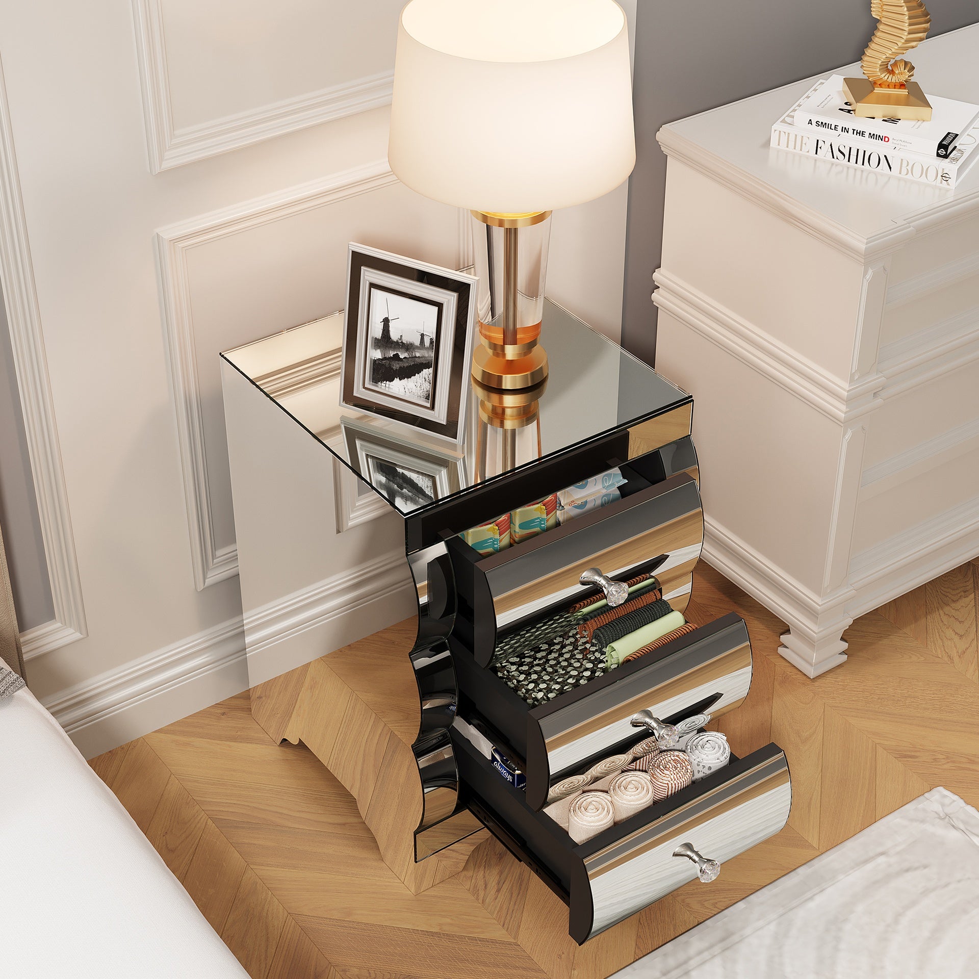 Baked curved mirror Nightstand with 3 Drawer Glass Bedside Table Chest of Drawers for Bedroom Small Spaces End Table for Living Room Fashion Bedroom Furniture Silver