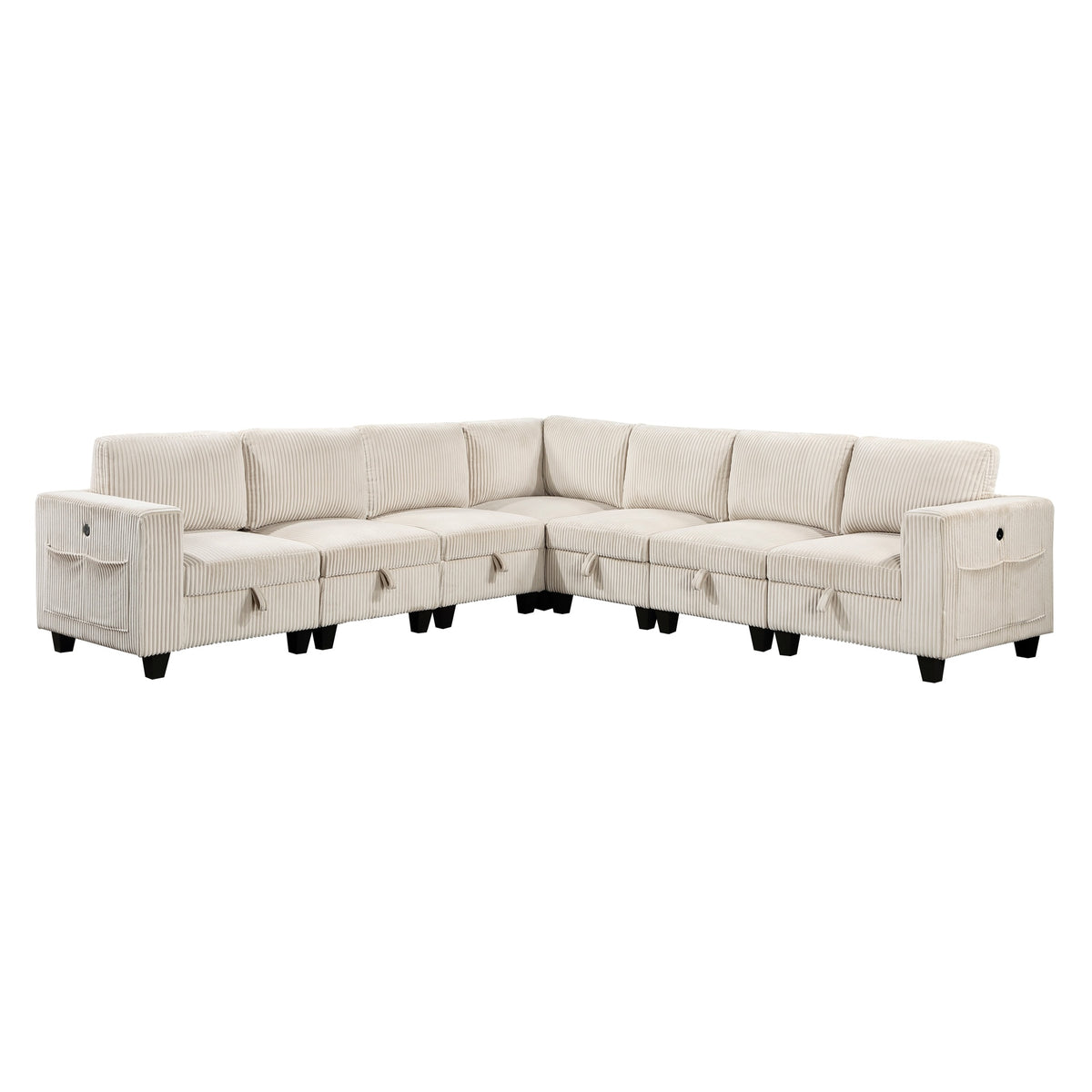 7-Piece Modular Sectional with Storage Seats, Side Pockets, Charging Ports Beige Corduroy Fabric Modern Living Room Sectional Couch Solid Wood Furniture