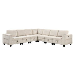7-Piece Modular Sectional with Storage Seats, Side Pockets, Charging Ports Beige Corduroy Fabric Modern Living Room Sectional Couch Solid Wood Furniture