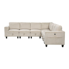 7-Piece Modular Sectional with Storage Seats, Side Pockets, Charging Ports Beige Corduroy Fabric Modern Living Room Sectional Couch Solid Wood Furniture