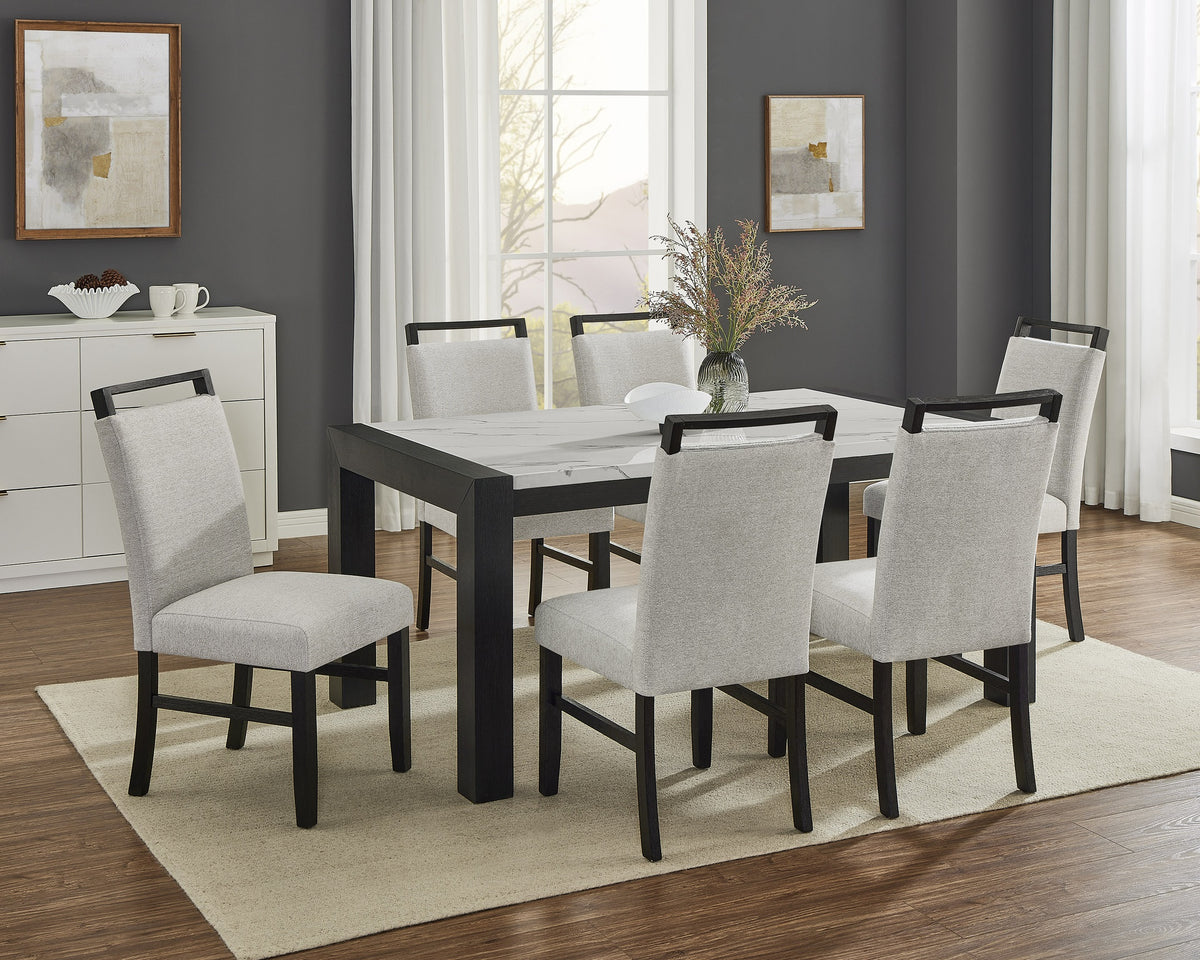7pc Dining Set Contemporary Style White Faux Marble Rectangular Table Full Back Upholstered Chairs Light Gray Black Finish Dining Room Wooden Furniture