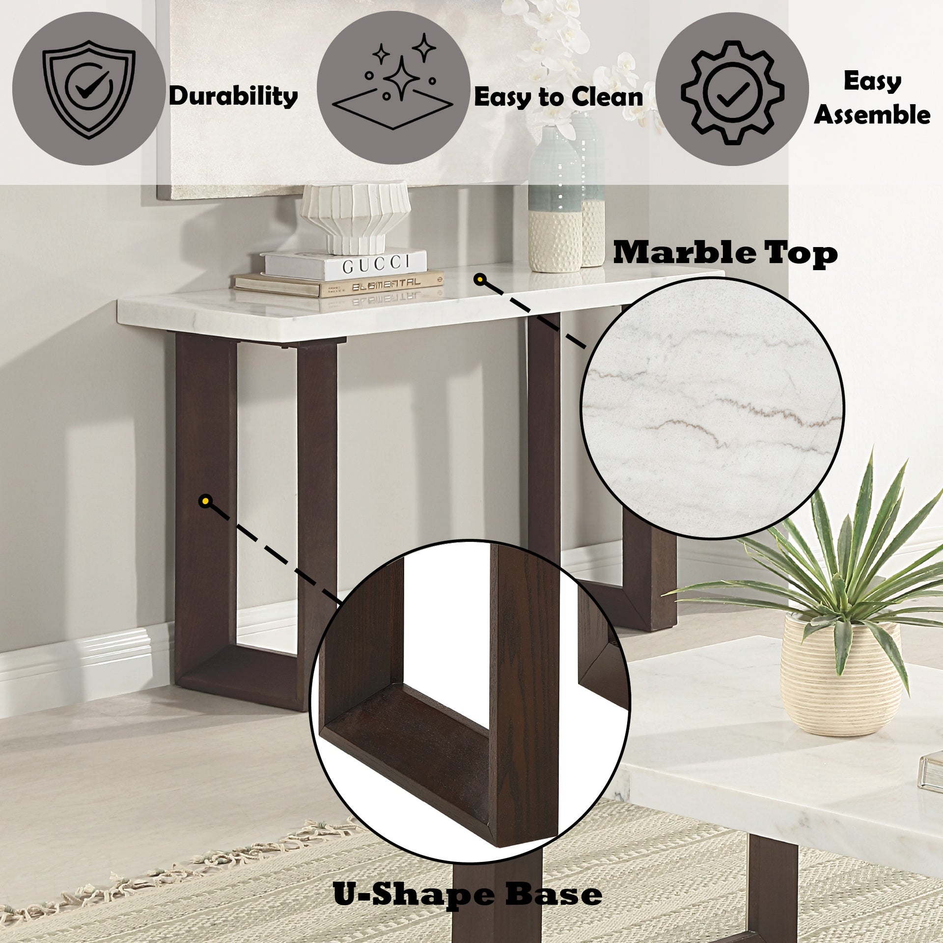 Edwyn White Natural Marble Top & Espresso Finish Sofa Table