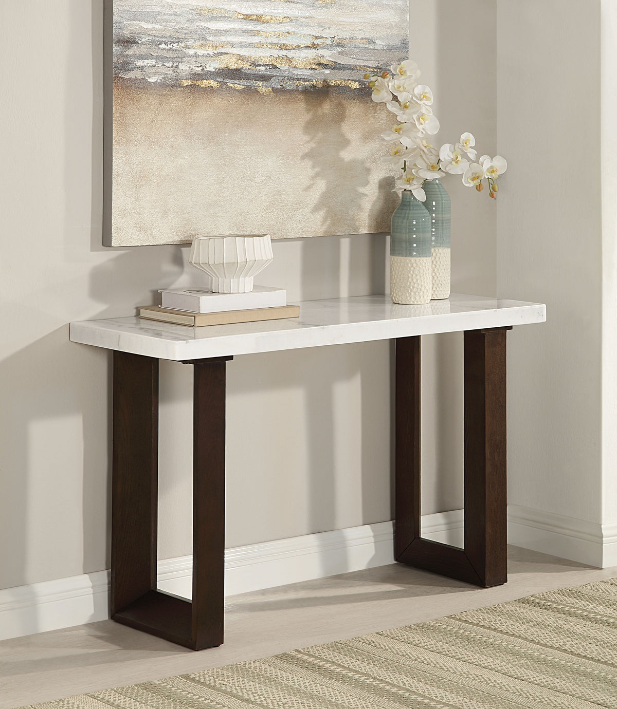 Edwyn White Natural Marble Top & Espresso Finish Sofa Table