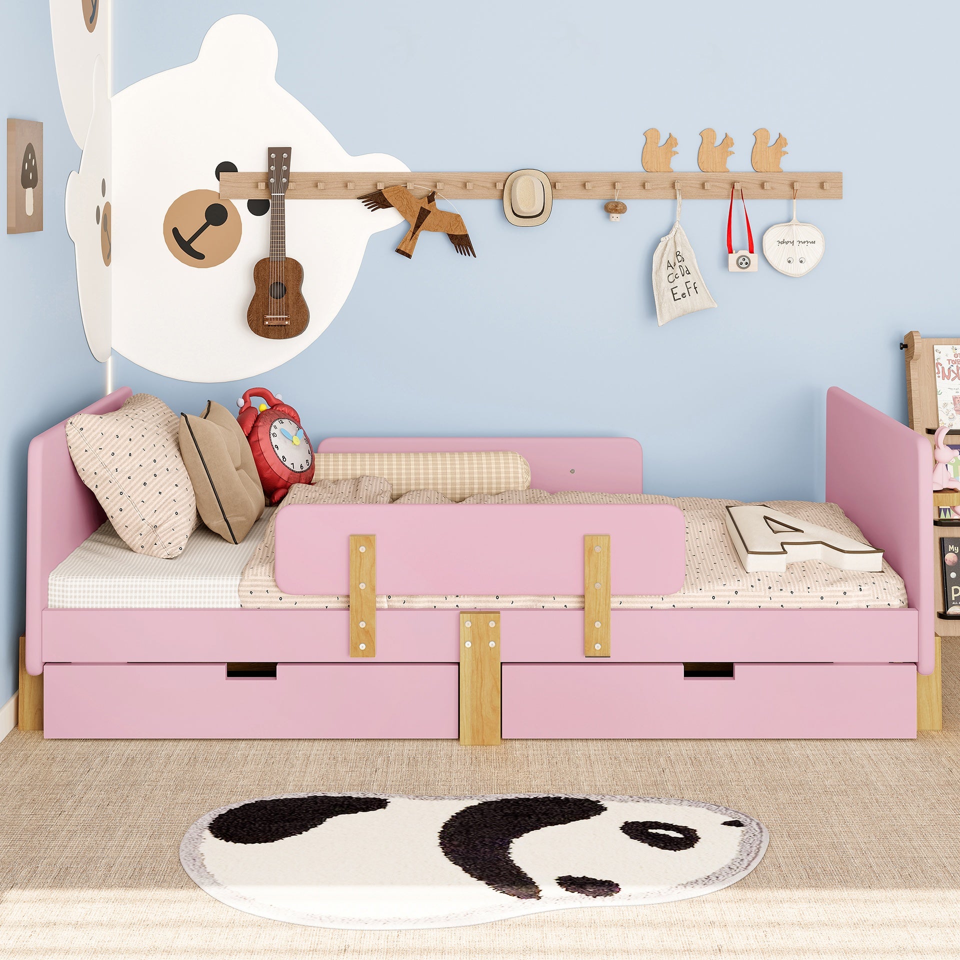 Twin Size Platform Bed with Storage Drawers, Solid Wood Beds Frame with Bed Guardrail, Small Shelf, and Hooks, No Box Spring Needed, Pink