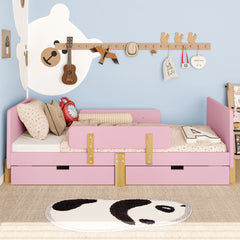 Twin Size Platform Bed with Storage Drawers, Solid Wood Beds Frame with Bed Guardrail, Small Shelf, and Hooks, No Box Spring Needed, Pink