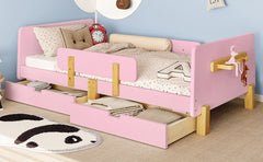 Twin Size Platform Bed with Storage Drawers, Solid Wood Beds Frame with Bed Guardrail, Small Shelf, and Hooks, No Box Spring Needed, Pink