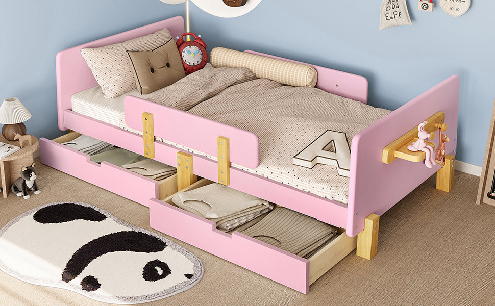 Twin Size Platform Bed with Storage Drawers, Solid Wood Beds Frame with Bed Guardrail, Small Shelf, and Hooks, No Box Spring Needed, Pink