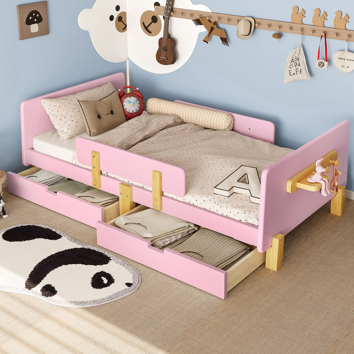 Twin Size Platform Bed with Storage Drawers, Solid Wood Beds Frame with Bed Guardrail, Small Shelf, and Hooks, No Box Spring Needed, Pink
