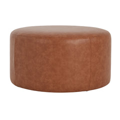 Upholstered Round Ottoman,PU Leather, Cognac Brown