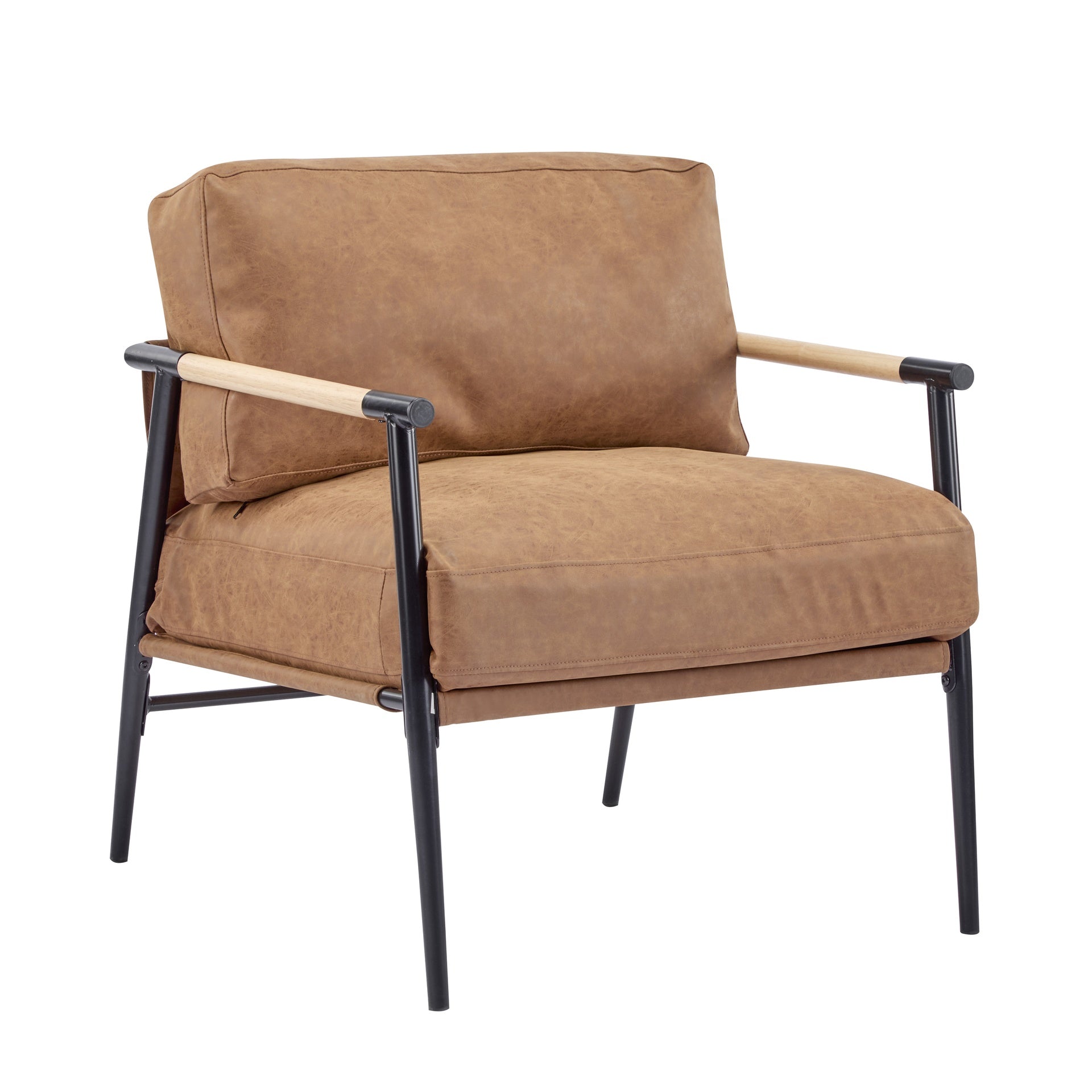 27.56" Modern Accent Chair with Plush Cushions, Minimalist Metal Frame, and Wooden Armrest Design – Perfect for Cozy Living Room, Bedroom, or Office Seating