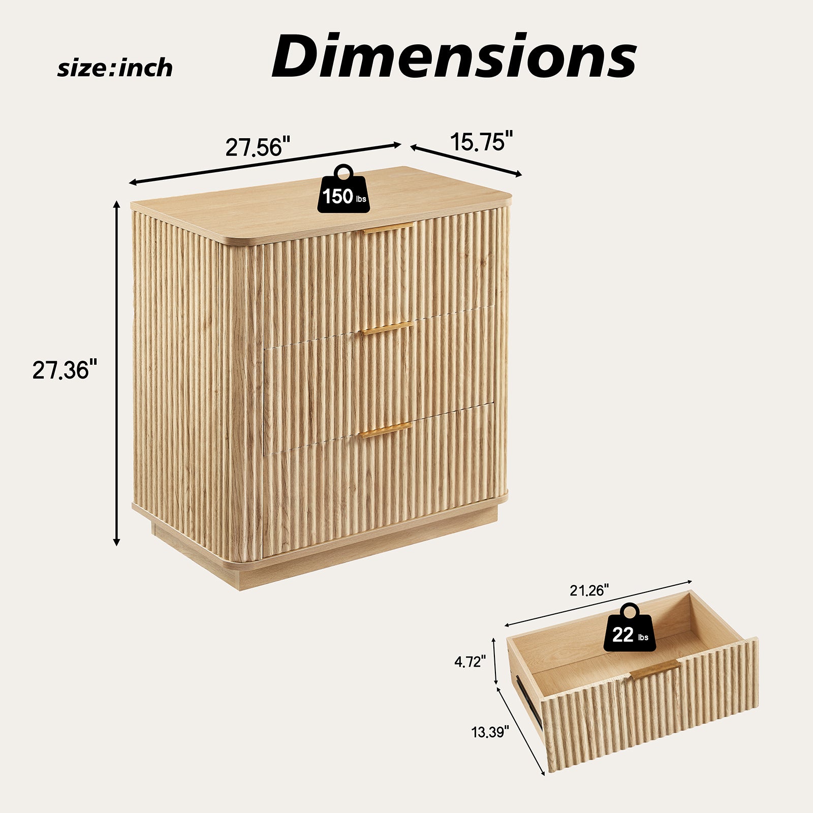 3 Drawers Drasser 2PCS, 27.6'' Wide Modern Chest of Drawers Curved wave Design,Nightstand,Wood Drawer Organizer for Bedroom, Living Room, Hallway, Oak,27.6''W x 15.8''D x 27.4''H.