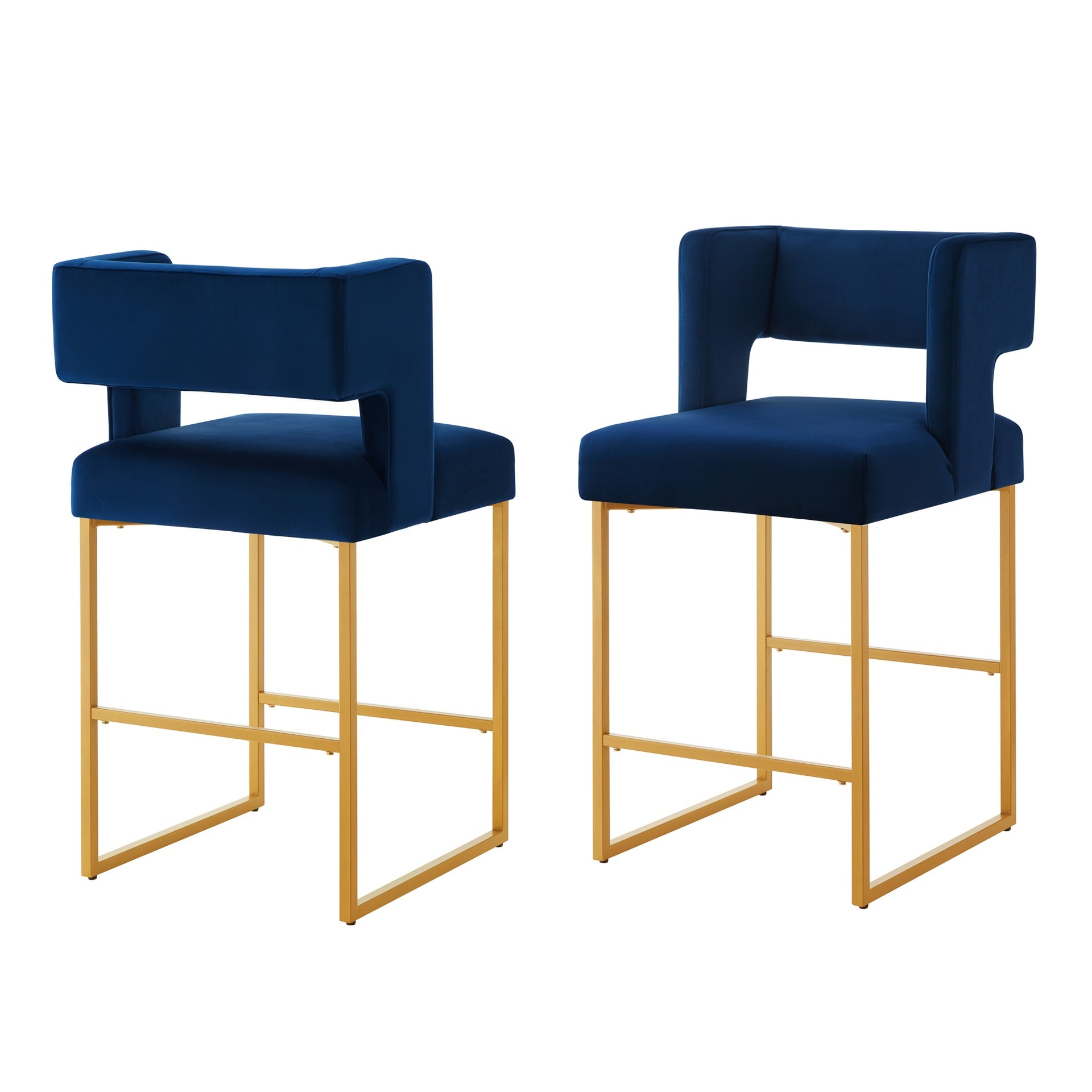 Modern Fashion Counter Height Bar Stools with Unique Square Open Backrest, Set of 2 Versatile Bar Chairs with Sturdy Iron Legs, 26" H Counter Height Chairs for kitchen islands, Navy /Gold