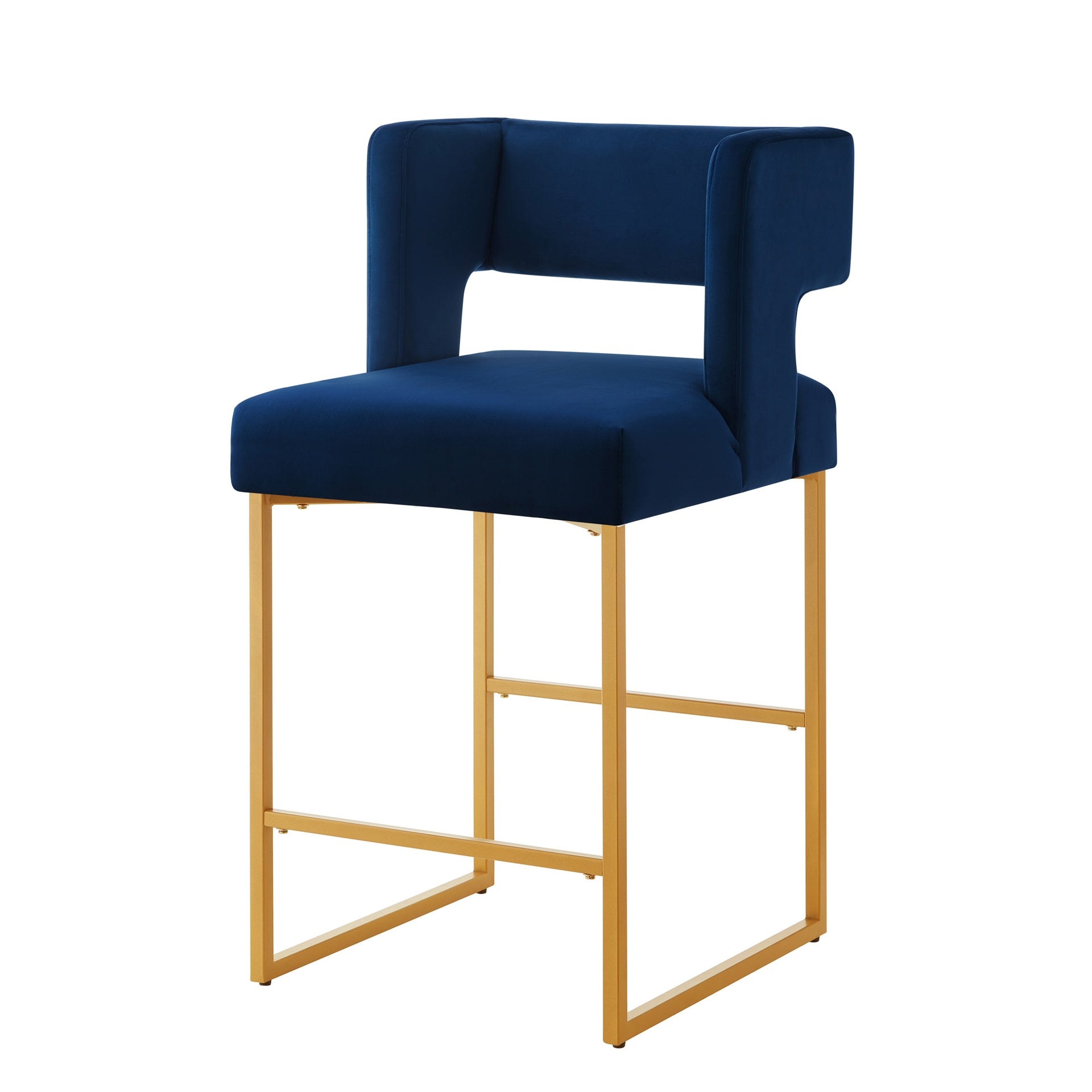 Modern Fashion Counter Height Bar Stools with Unique Square Open Backrest, Set of 2 Versatile Bar Chairs with Sturdy Iron Legs, 26" H Counter Height Chairs for kitchen islands, Navy /Gold
