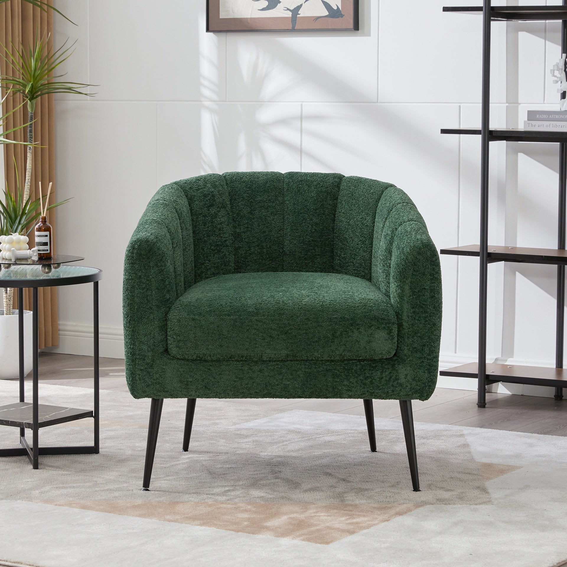 29.9'' Modern Upholstered Chenille Vanity Barrel Accent Chair with Metal Legs, Channel Tufted Lounge Chair Single Sofa Round Leisure Armchair for Bedroom Living Room Reception Study Room Office,Green