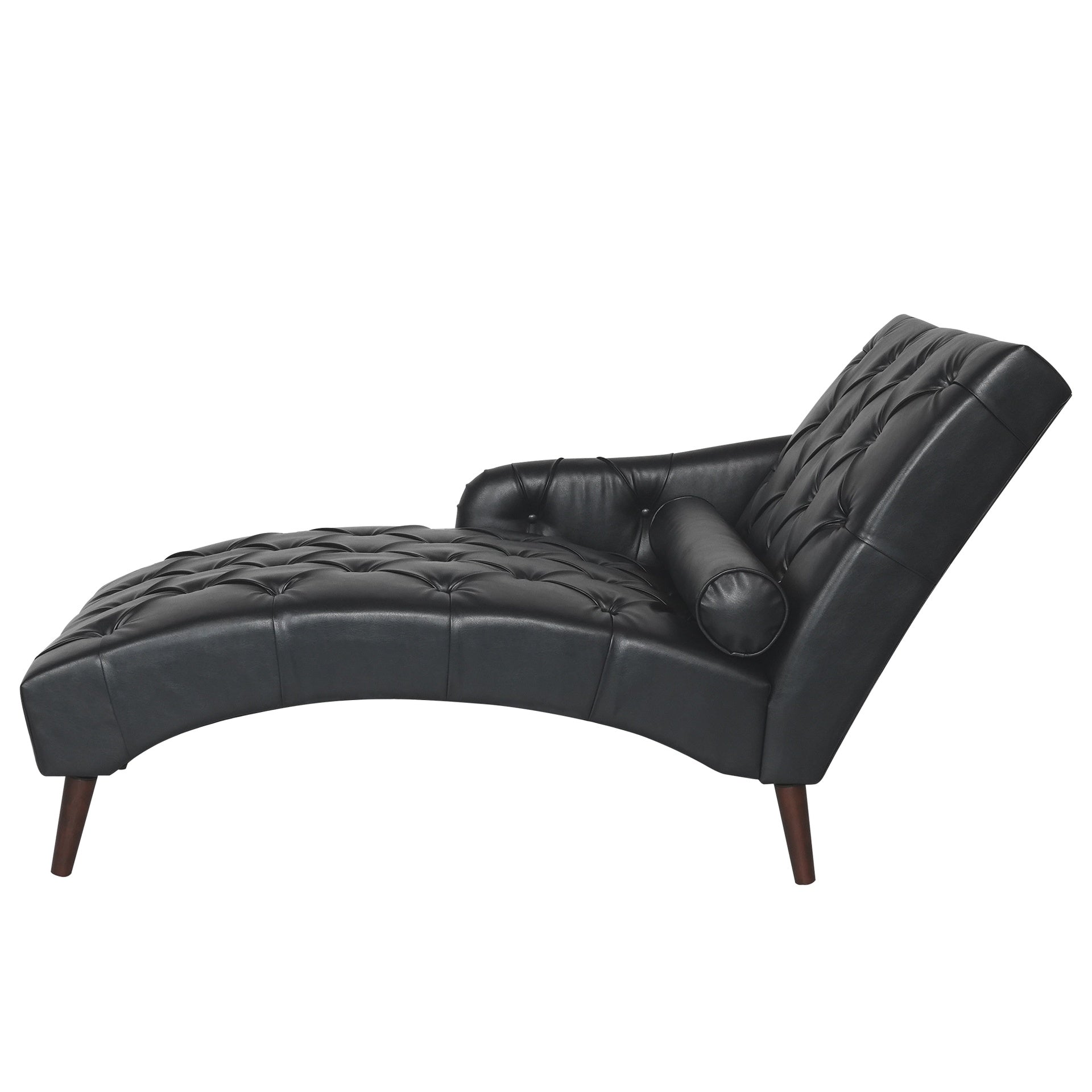 Chaise Lounge Arm Chair Indoor with Pillow and Solid Wood Legs, Leisure Accent Soft Chair with Tufted Back and Arm,Upholstered Chaise Couch Chair for Living Room, Bedroom,Black PU