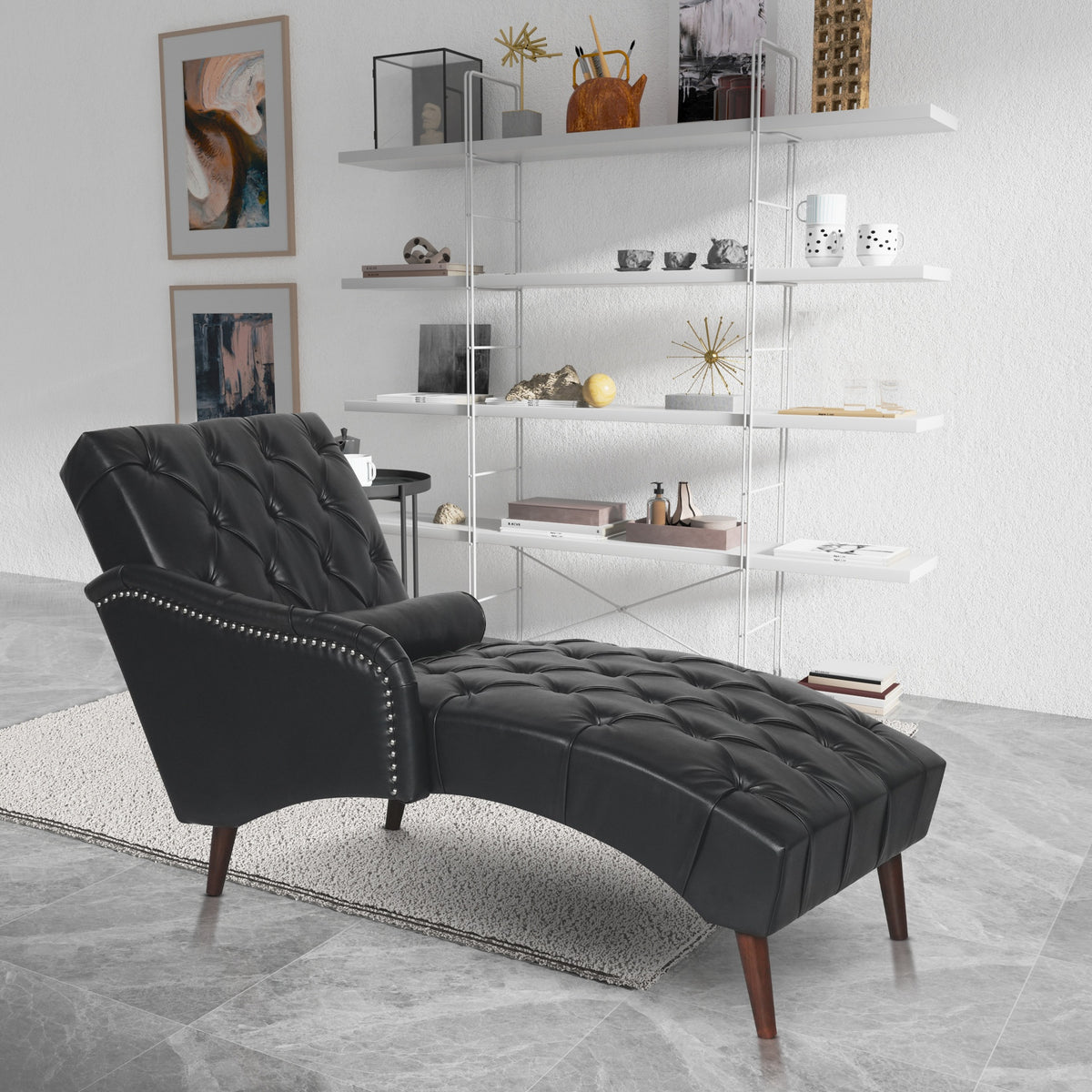 Chaise Lounge Arm Chair Indoor with Pillow and Solid Wood Legs, Leisure Accent Soft Chair with Tufted Back and Arm,Upholstered Chaise Couch Chair for Living Room, Bedroom,Black PU
