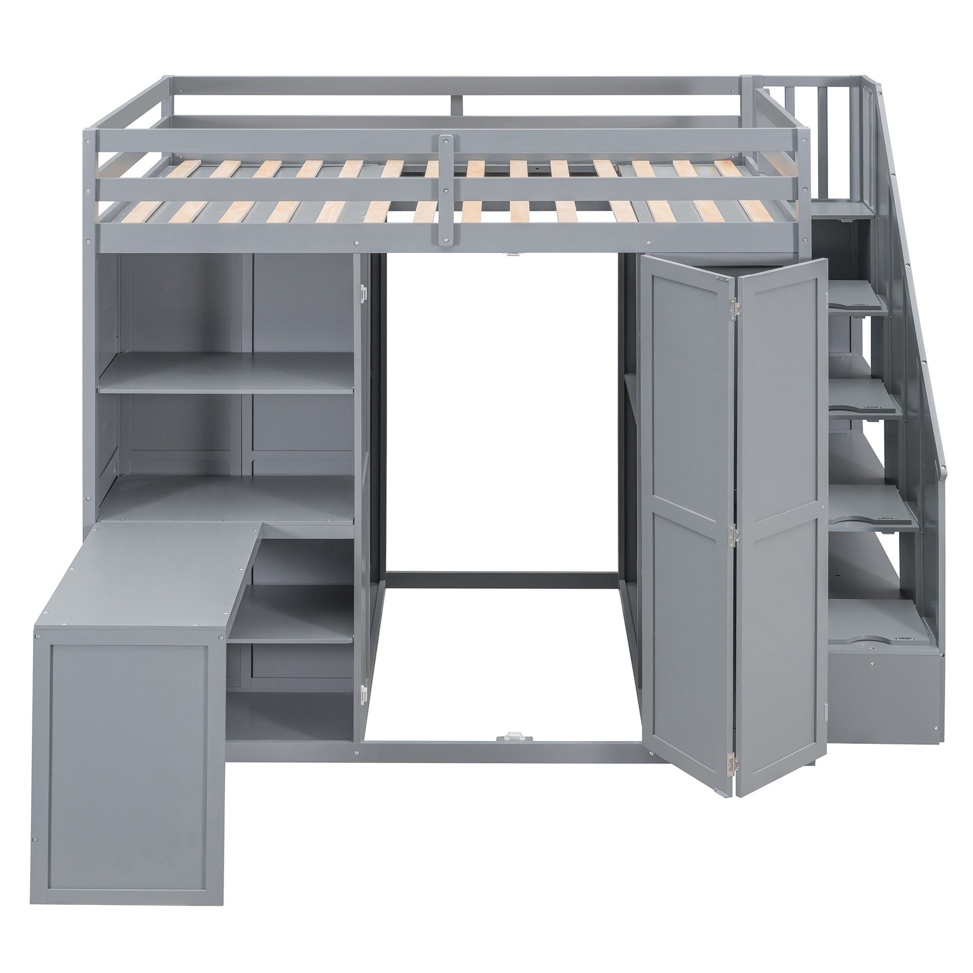 Full Size Loft Bed with Wardrobe,Desk and Shelves,Gray