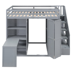 Full Size Loft Bed with Wardrobe,Desk and Shelves,Gray
