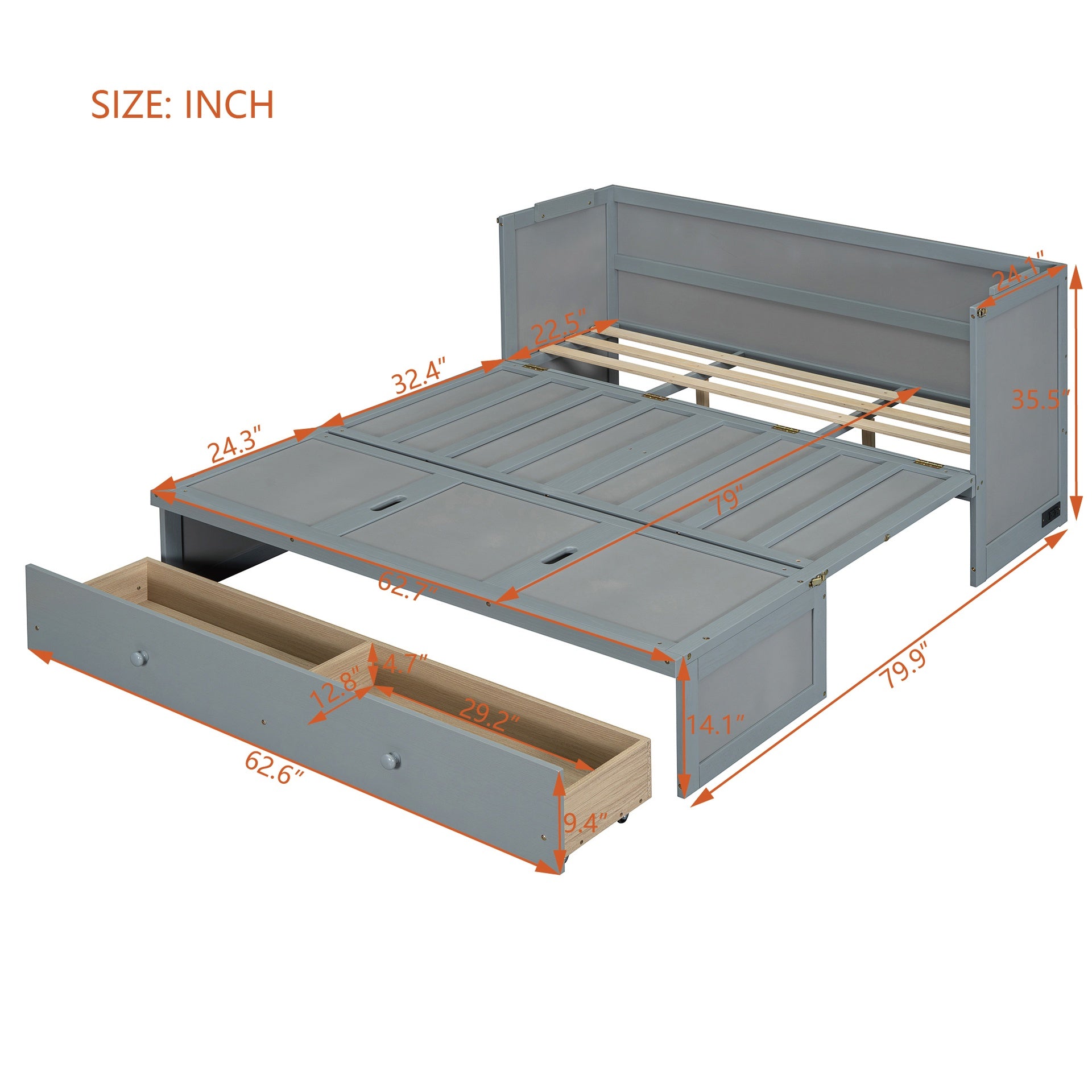 Queen Size Murphy Bed with USB Port and a Large Drawer, Gray