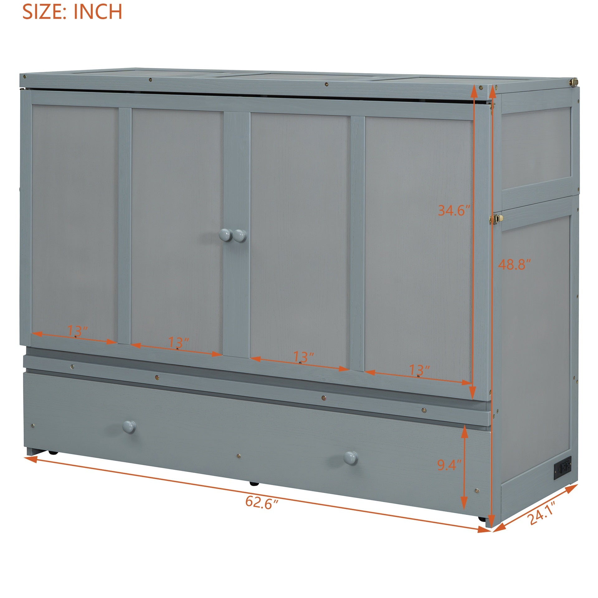 Queen Size Murphy Bed with USB Port and a Large Drawer, Gray