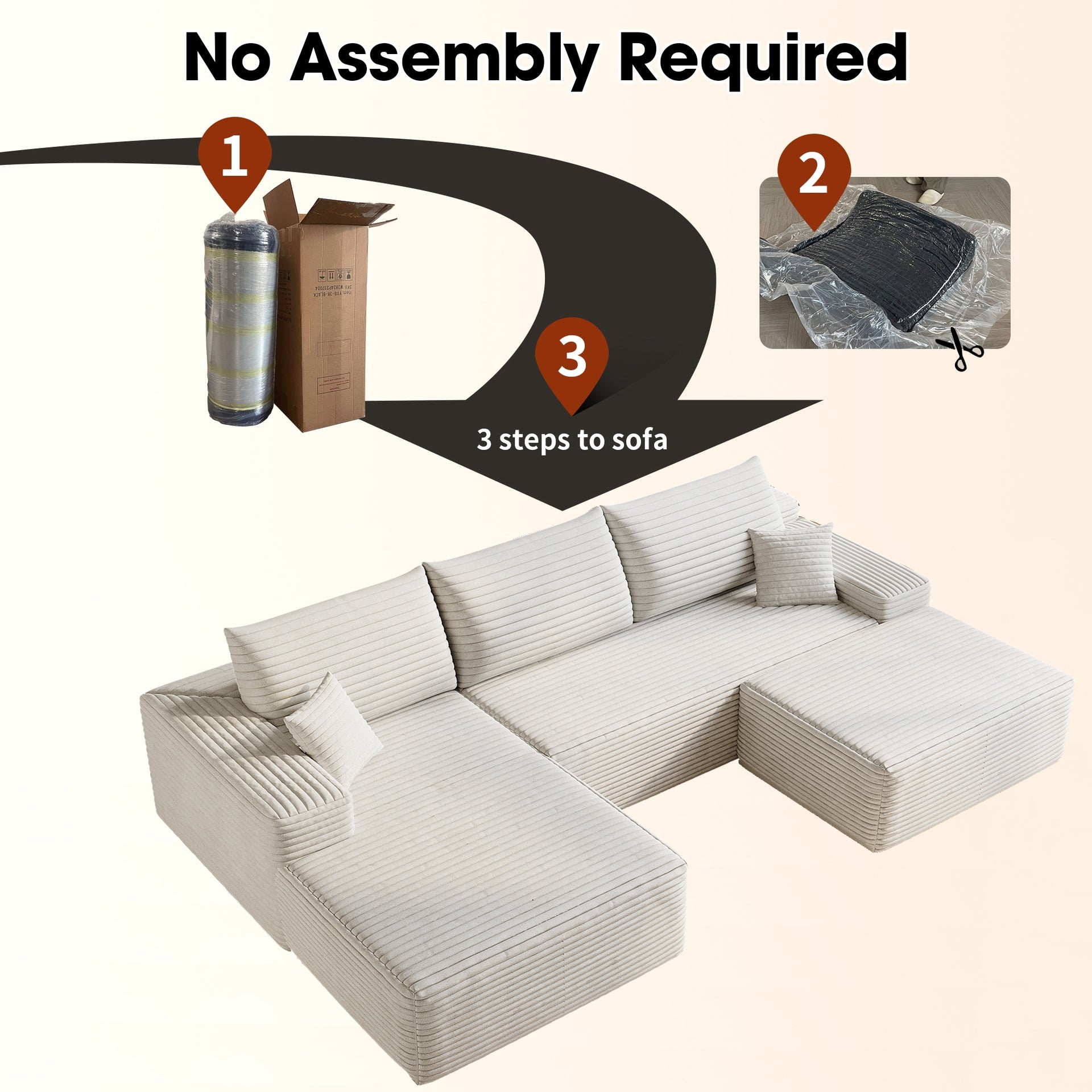 107"Cloud Sectional Sofa with 1 Ottoman,Modern Minimalist Upholstered Couches,Comfort U Shaped Sofa for Living Room,Deep Seat Corner Couch,No Assembly Required (Plush Corduroy Fabric),White