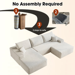 107"Cloud Sectional Sofa with 1 Ottoman,Modern Minimalist Upholstered Couches,Comfort U Shaped Sofa for Living Room,Deep Seat Corner Couch,No Assembly Required (Plush Corduroy Fabric),White