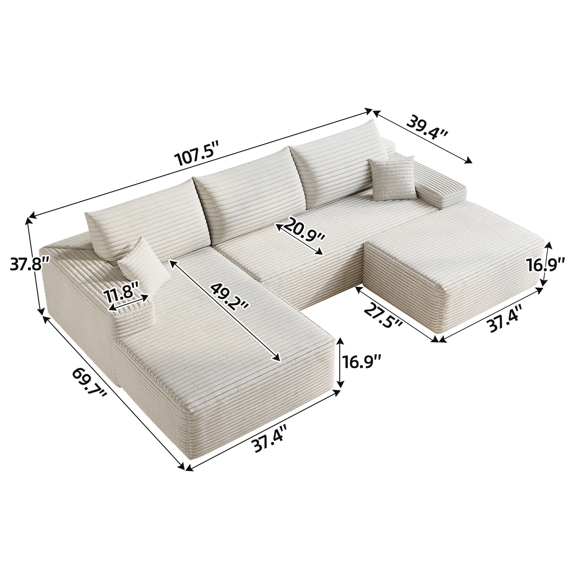 107"Cloud Sectional Sofa with 1 Ottoman,Modern Minimalist Upholstered Couches,Comfort U Shaped Sofa for Living Room,Deep Seat Corner Couch,No Assembly Required (Plush Corduroy Fabric),White