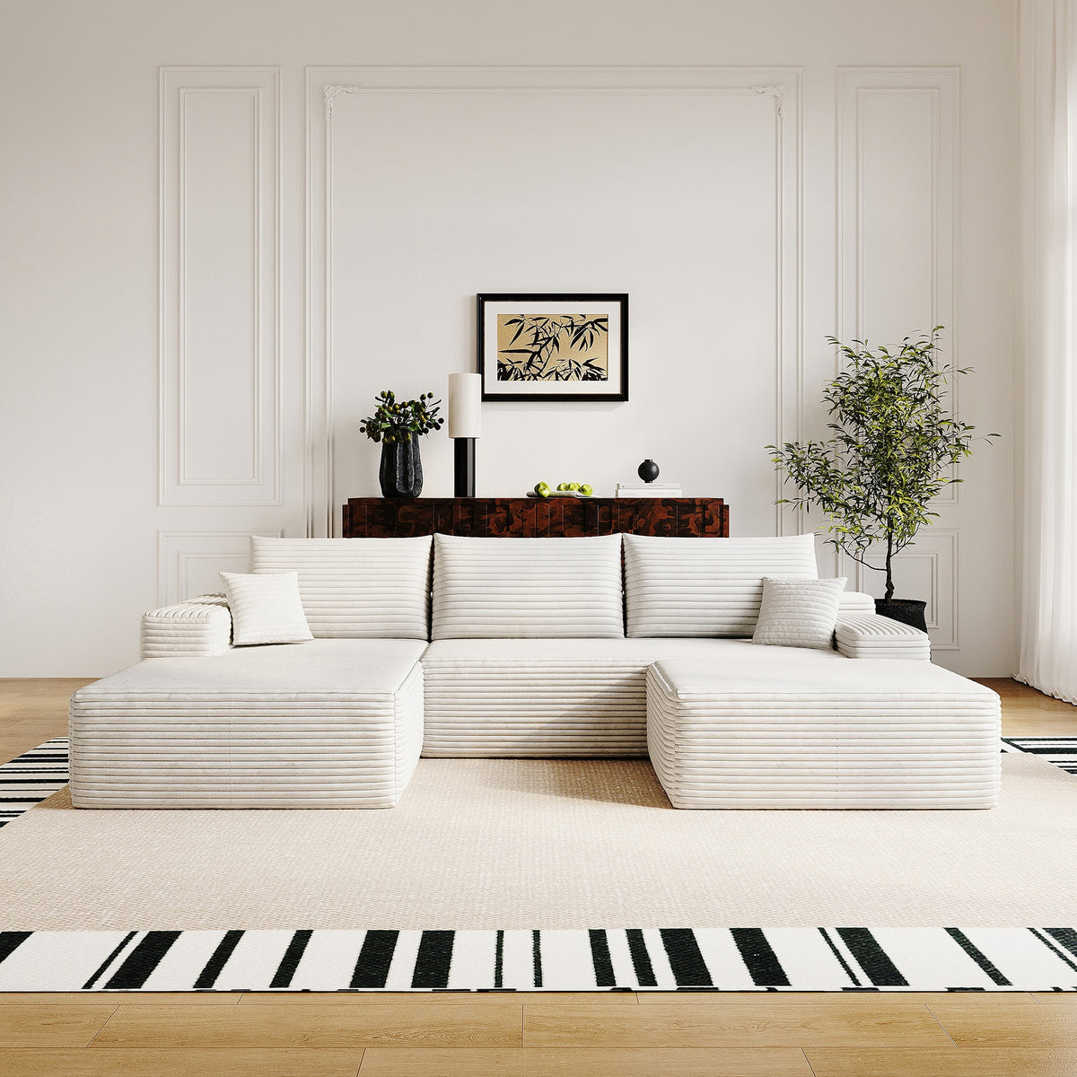 107"Cloud Sectional Sofa with 1 Ottoman,Modern Minimalist Upholstered Couches,Comfort U Shaped Sofa for Living Room,Deep Seat Corner Couch,No Assembly Required (Plush Corduroy Fabric),White