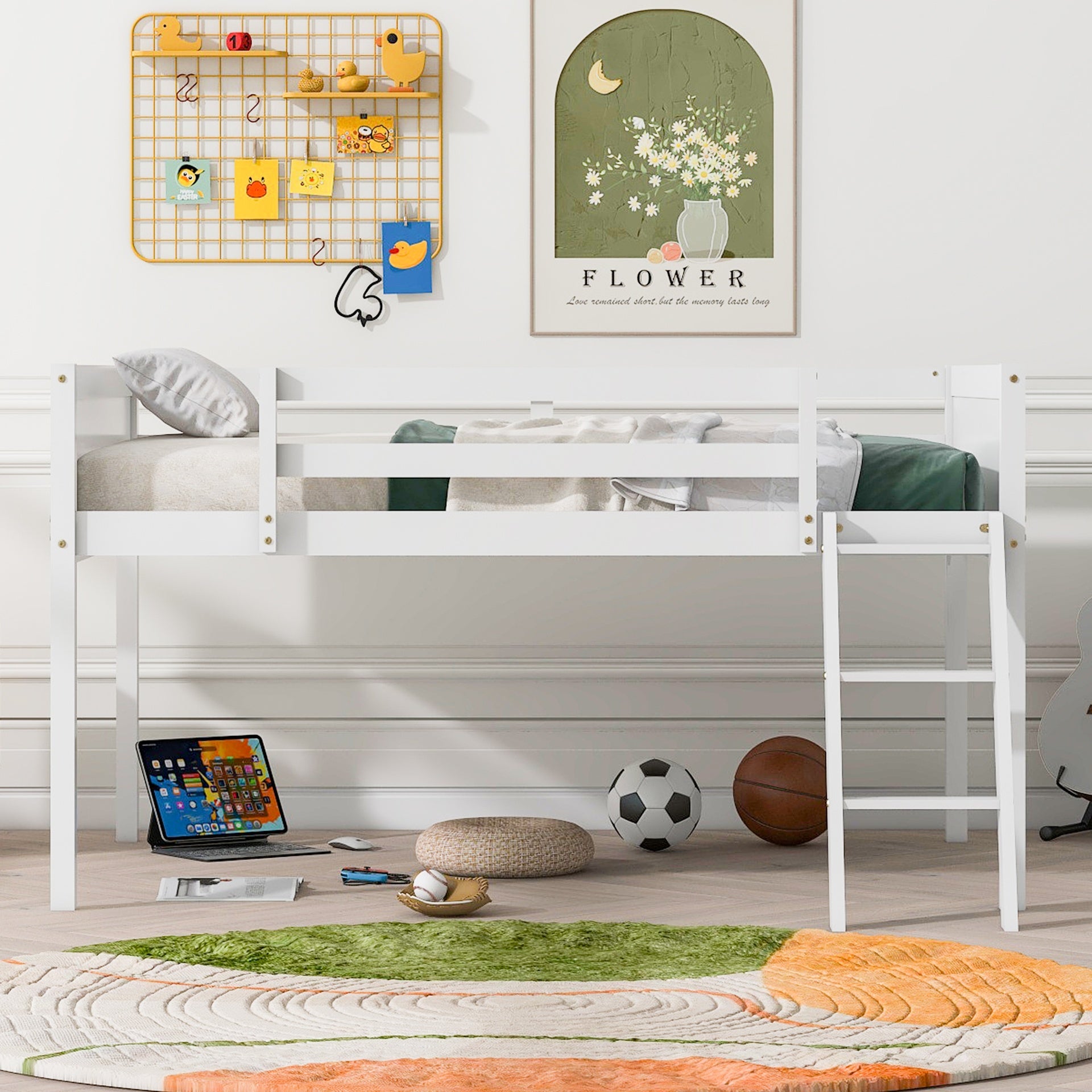 Full Size Wood Low Loft Bed with Ladder, ladder can be placed on the left or right, White(OId SKU: GX000366AAK)