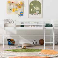 Full Size Wood Low Loft Bed with Ladder, ladder can be placed on the left or right, White(OId SKU: GX000366AAK)