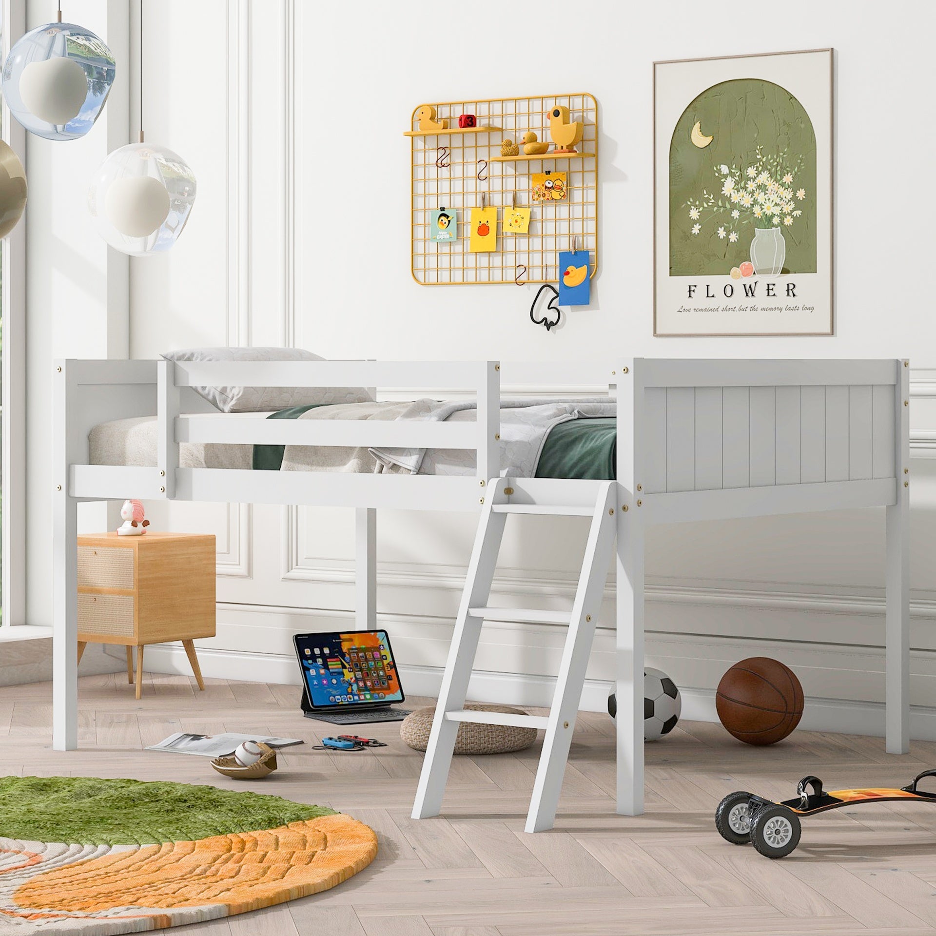 Full Size Wood Low Loft Bed with Ladder, ladder can be placed on the left or right, White(OId SKU: GX000366AAK)
