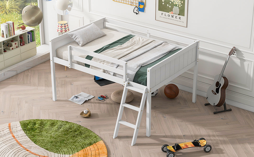 Full Size Wood Low Loft Bed with Ladder, ladder can be placed on the left or right, White(OId SKU: GX000366AAK)
