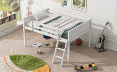 Full Size Wood Low Loft Bed with Ladder, ladder can be placed on the left or right, White(OId SKU: GX000366AAK)