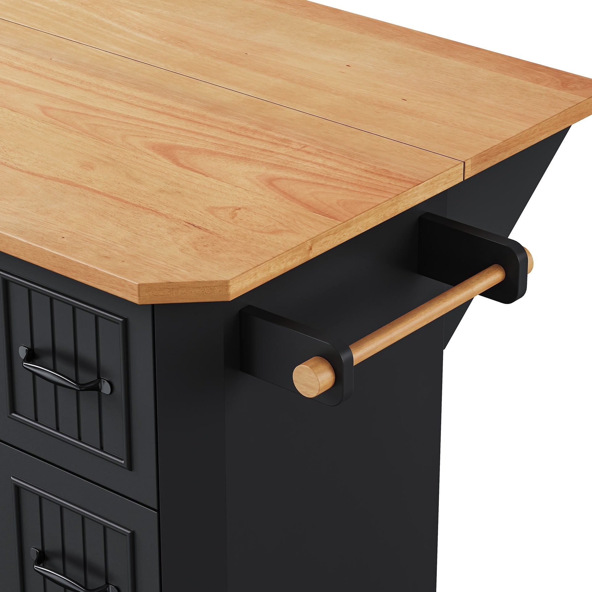 K&K 56 inch Kitchen Island with Rubber Wood Veneer Drop Leaf, Power Outlet, 4 Door Shelves, Embossed Vertical Stripe Rolling Kitchen Cart on 4 Wheels with 6 Deep Drawers for Kitchen, Dining Room,Black