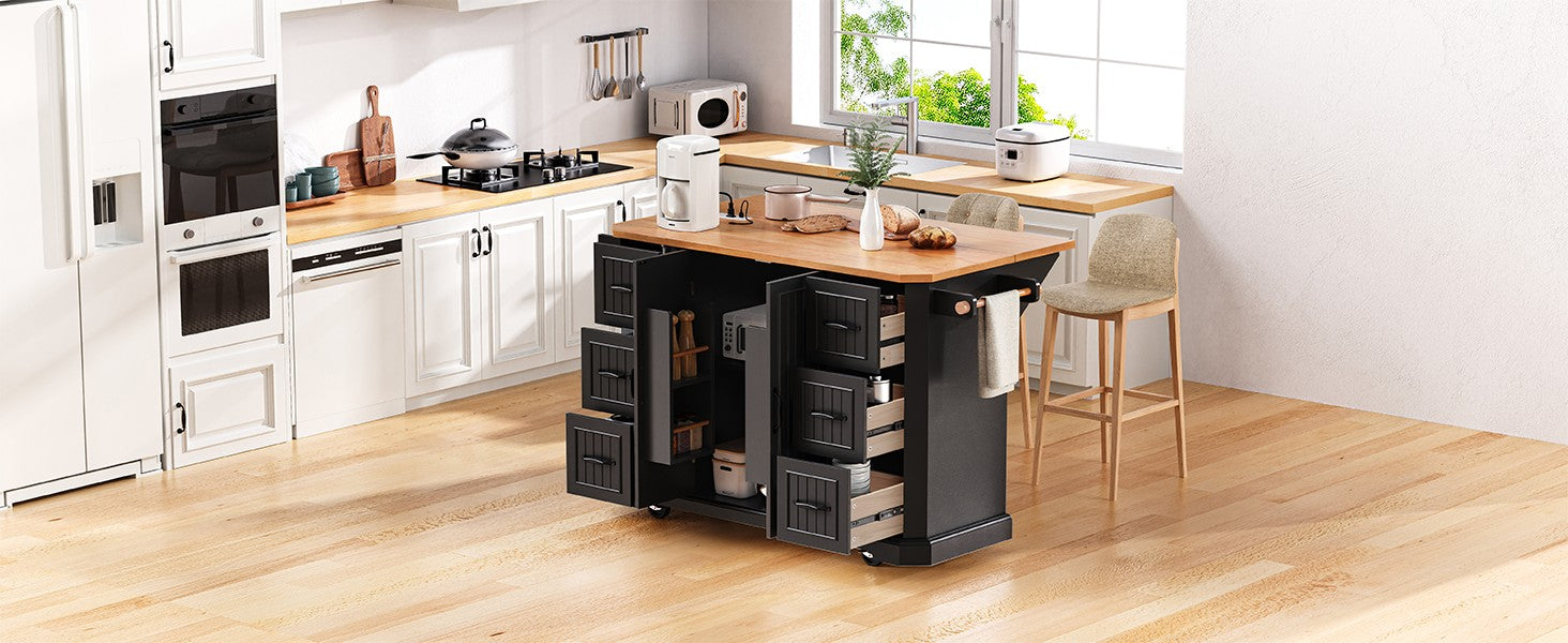 K&K 56 inch Kitchen Island with Rubber Wood Veneer Drop Leaf, Power Outlet, 4 Door Shelves, Embossed Vertical Stripe Rolling Kitchen Cart on 4 Wheels with 6 Deep Drawers for Kitchen, Dining Room,Black