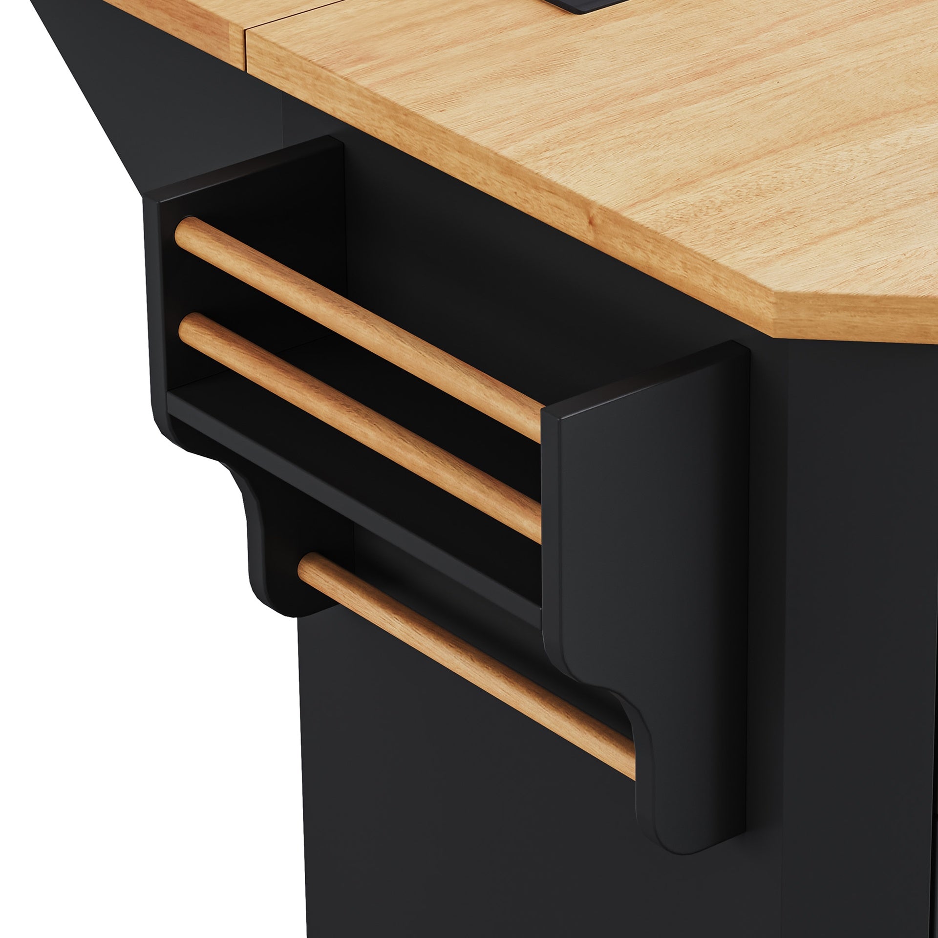 K&K 56 inch Kitchen Island with Rubber Wood Veneer Drop Leaf, Power Outlet, 4 Door Shelves, Embossed Vertical Stripe Rolling Kitchen Cart on 4 Wheels with 6 Deep Drawers for Kitchen, Dining Room,Black